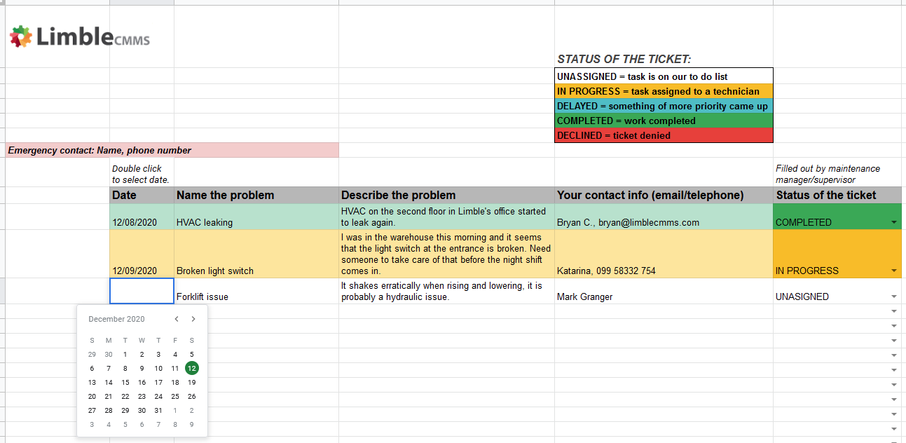 submit maintenance ticket template